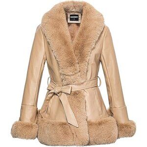 Women's Camel Gran Oriente Faux Leather Winter Coat with Fur Collar Belted